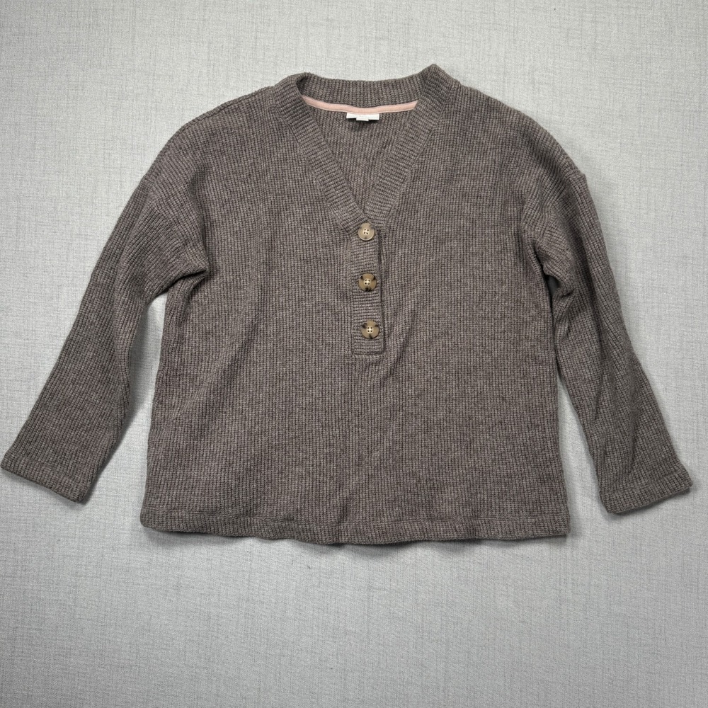 J.Jill Henley Waffle Knit Sweater 3 Button Pullover Brown Casual Layering Size L
